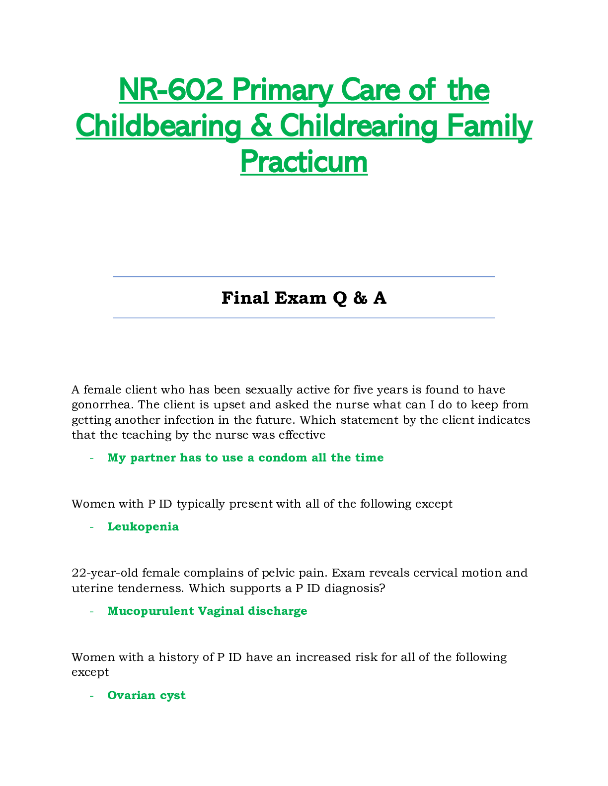 Preview image for NR602 / NR-602 Final Exam Q & A (Latest): Primary Care of the Childbearing & Childrearing Family Practicum - Chamberlain